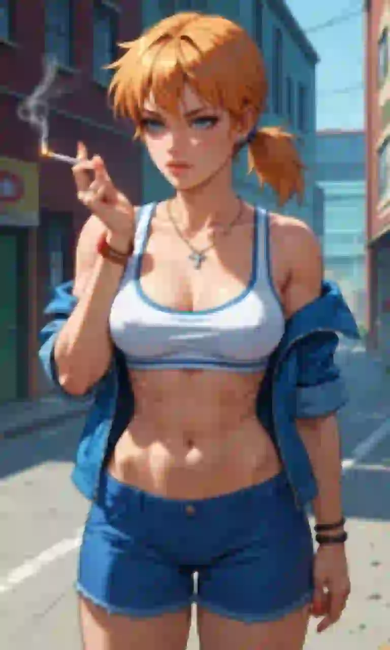 Wygenerowany przez sztuczną inteligencję obraz anime przedstawiający wysportowaną kobietę z pomarańczowymi włosami w kucyk, w swobodnym stroju ulicznym i niebieskiej kurtce, w miejskim otoczeniu