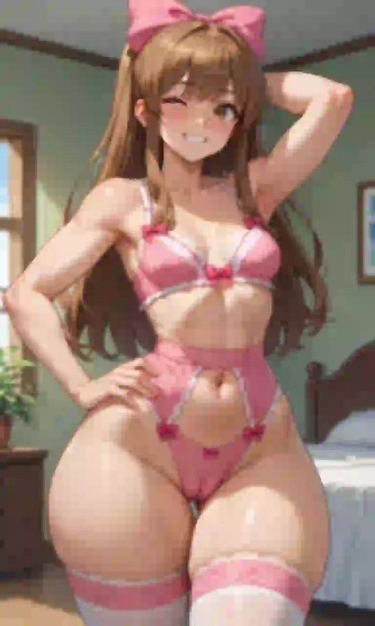 Imagen de anime generada por IA de una mujer de cabello castaño con un lazo rosa que usa lencería rosa a juego y medias blancas en un dormitorio