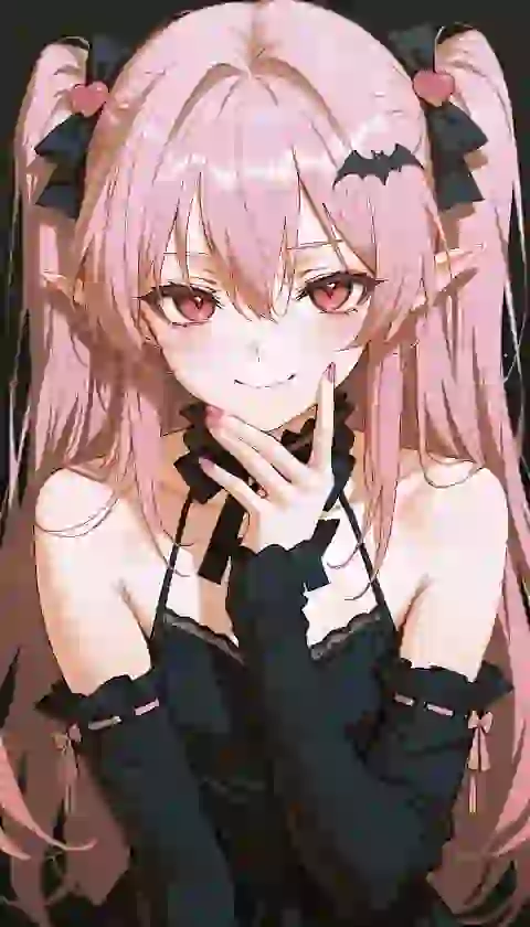 Imagen de anime generada por IA de una mujer con cabello rosa de dos colas decorada con accesorios de murciélago y un traje gótico oscuro