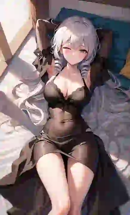 Imagen de anime generada por IA de una mujer de cabello plateado vestida de oscuro acostada en una cama en una habitación iluminada por el sol.