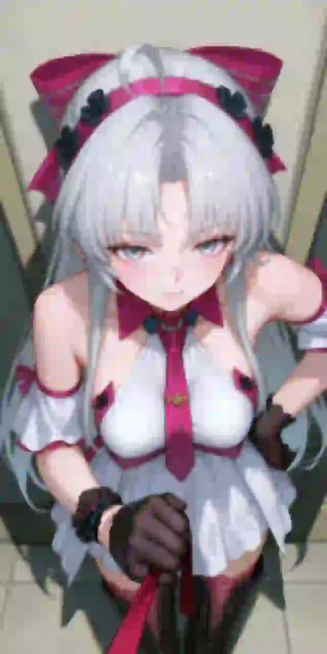 Imagen de anime generada por IA de una mujer de cabello plateado con un traje blanco y rosa inspirado en una sirvienta y adornos de rosas mirando al espectador.