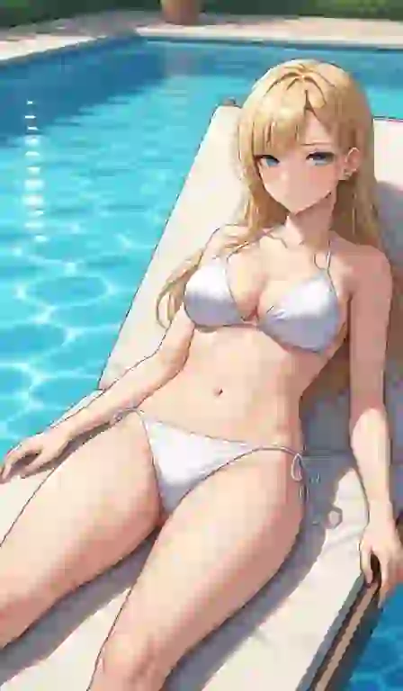 Blondynka z anime w białym bikini odpoczywająca na leżaku przy basenie. Gotowy efekt dla generatora komiksów porno.
