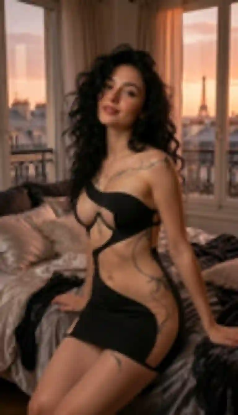 A woman with dark curly hair in black cut-out mini dress is sitting seductively at the edge of a luxurious bed.