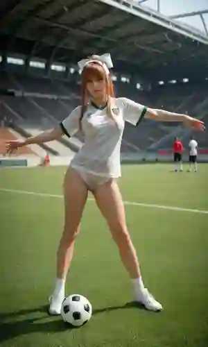 Una donna con i capelli rossi in maglia bianca e verde posa con sicurezza su un campo da calcio, con un pallone davanti a lei, creando un'atmosfera sensuale da Coppa del Mondo.
