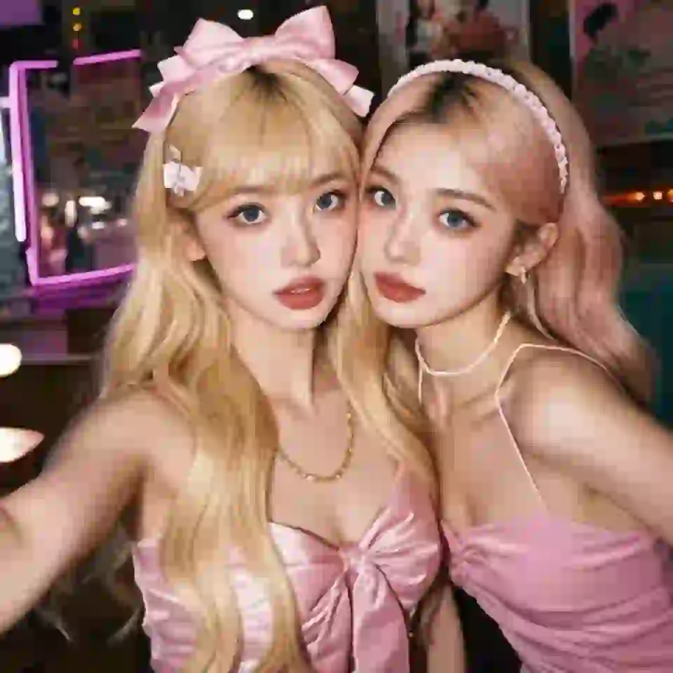 ピンクのドレスとピンクのヘアバンドをつけた2人の金髪アジア系女性のAI生成セルフィー。