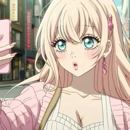 Una ragazza anime con capelli lunghi e rosa chiaro che tiene un telefono e che fa un selfie. Si trova in una vibrante strada della città sotto la luce del giorno.