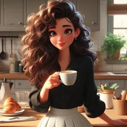 Una donna di cartoni animati con i capelli ricci tiene una tazza di caffè in una cucina accogliente, sorridendo calorosamente ed trasudando un'atmosfera amichevole.