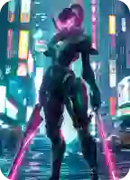 Uma mulher estilosa está em uma cidade futurista com luzes de néon, vestindo roupas de alta tecnologia e cercada por dispositivos digitais avançados.