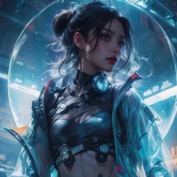 Una femmina fresca si trova in una città futuristica con luci al neon, con attrezzatura ad alta tecnologia e circondata da cose digitali avanzate.