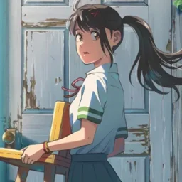 L'immagine mostra una ragazza in uniforme scolastica con una coda di cavallo, con una sedia di legno. Guarda indietro con un'espressione sorpresa davanti alla porta,