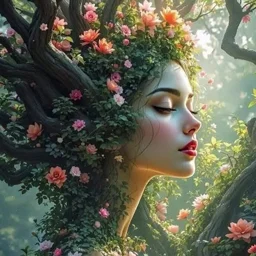 Una ragazza mistica, simile a un albero. Ha i peli floreali, circondati da una foresta verde sognante e luminosa.