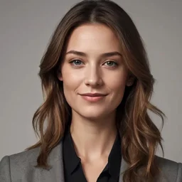 Un colpo di testa professionale di una donna in un blazer grigio, sorridendo con uno sfondo neutro e pulito.