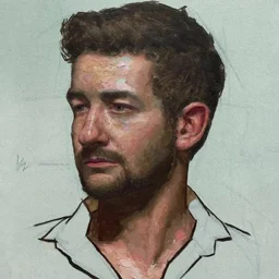 Un ritratto di un uomo con i capelli corti, catturando il suo profilo malinconico, riprodotto in un momento di riflesso, con una tavolozza di colori morbida e dettagliata.