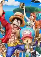 Luffy, do anime One Piece, usando seu chapéu de palha e com um largo sorriso no rosto, faz o sinal de paz com entusiasmo, irradiando um espírito divertido e aventureiro.