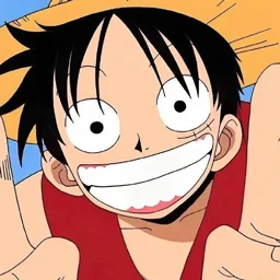 Rufy dall'anime One Piece, indossando il cappello di paglia e sorridendo ampiamente, vomitando con entusiasmo un cartello di pace, irradiando uno spirito divertente e avventuroso.