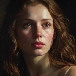 Un ritratto fotorealistico di una donna con capelli ricci d'oro, la sua pelle liscia chiaramente visibile sotto la luce del sole splendente.