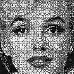 Un'arte pixel in bianco e nero di Marilyn Monroe, creata usando piccoli punti, che ricordano un design artistico pixel della vecchia scuola.