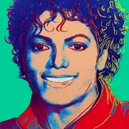 Questo è un ritratto vibrante di Michael Jackson con colori audaci, con un giocoso tocco pop art di blu turchese e rosso.