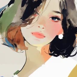 Una pittura morbida e ad acquerello di una ragazza con un taglio di capelli bob, ritratto con pennellate sciolte e fluenti e un leggero mix di colori.