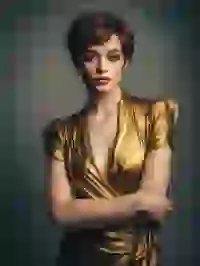 Portrait of a woman with short hair in golden deep V-neck dress posing in front of the camera. Template for Undress AI.