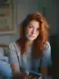 Portrait of a woman with red wavy hair in short sleeve T-shirt sitting in a bedroom with a black ohone in her hand. Template for Undress AI.