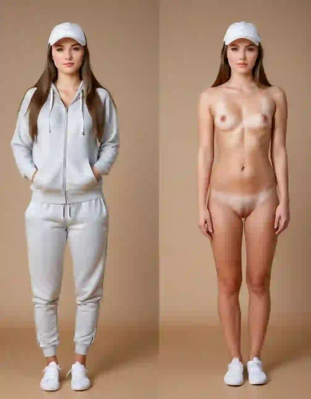 A combined image showing a woman in two versions: one where she is standing and wearing a grey sweatsuit, and another where she is shown in a full-body nude pose