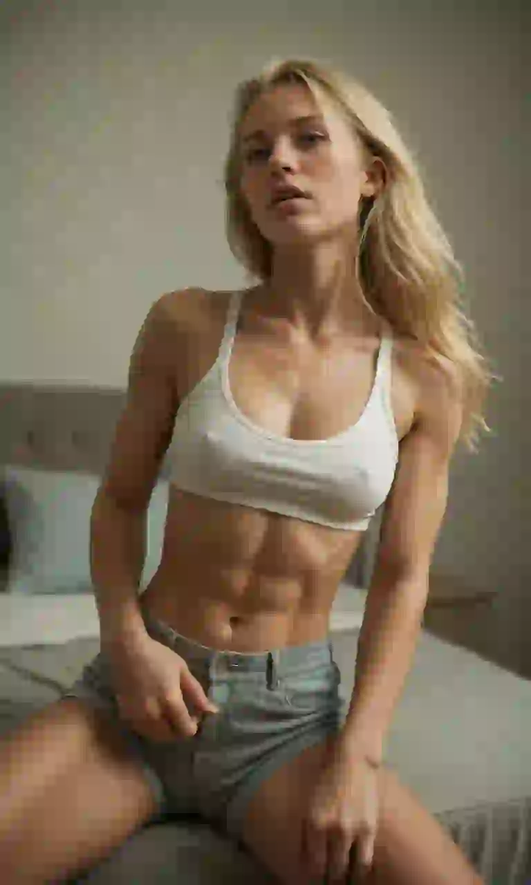 Donna bionda muscolosa in posa in una scena da camera da letto interna. Modello per Undress AI.