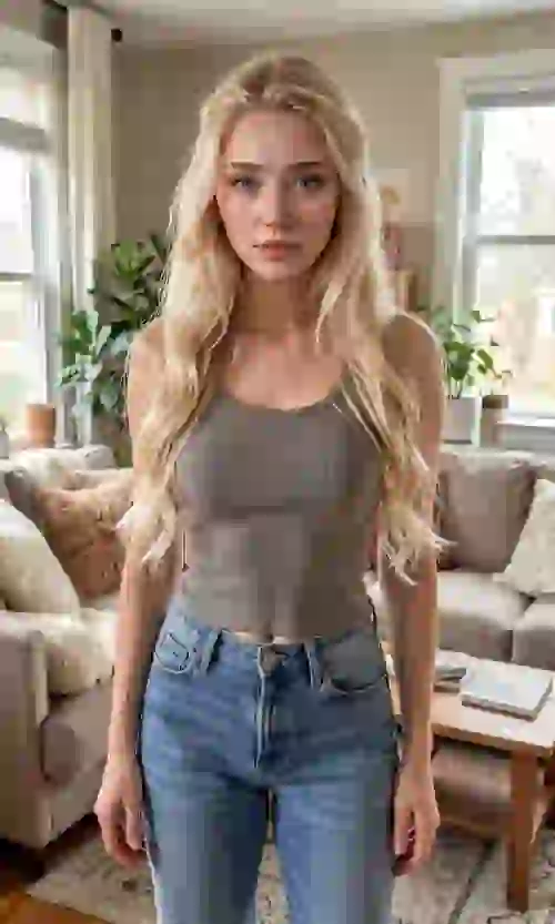 Donna bionda in canottiera grigia e jeans in posa in un soggiorno interno. Modello per Undress AI.