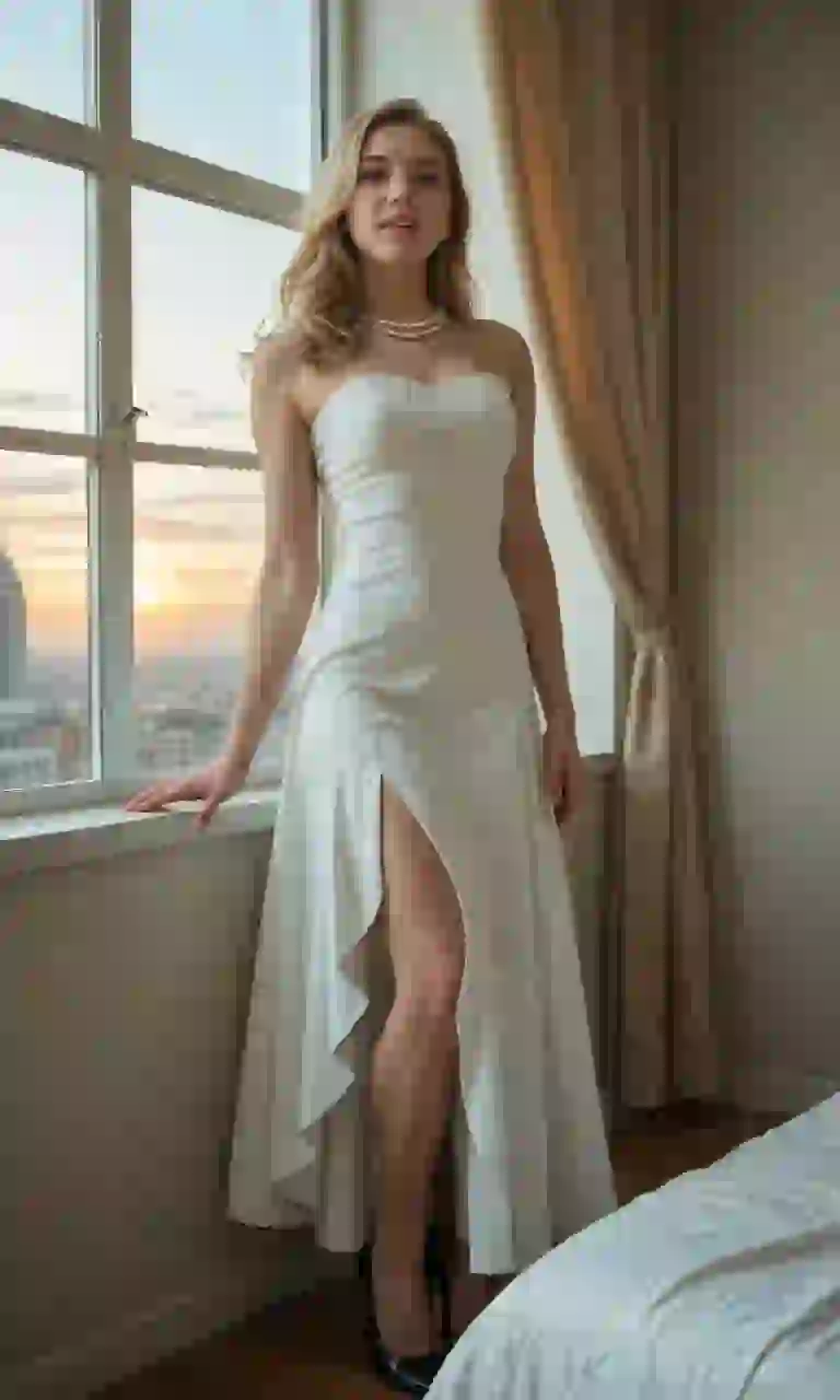 Donna bionda in abito bianco in posa in una camera da letto. Modello per Undress AI.