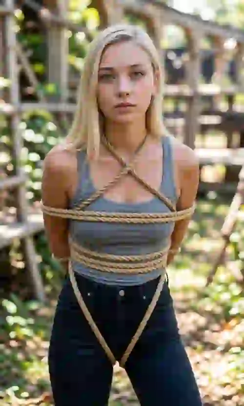 Una donna bionda in canottiera grigia e jeans stretti si impiglia nelle corde. Modello per Undress AI.