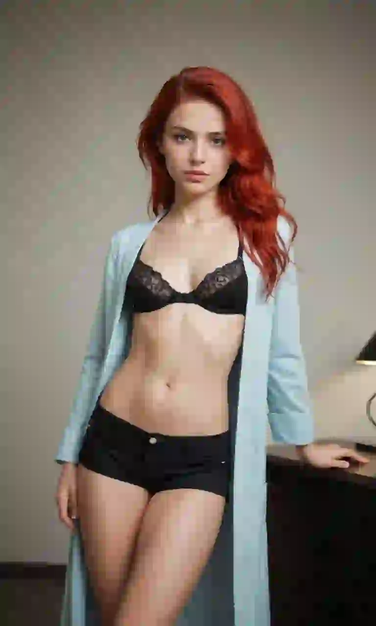 Donna con capelli rossi in reggiseno nero di pizzo, pantaloncini neri e cardigan celeste in posa in interni. Modello per Undress AI.