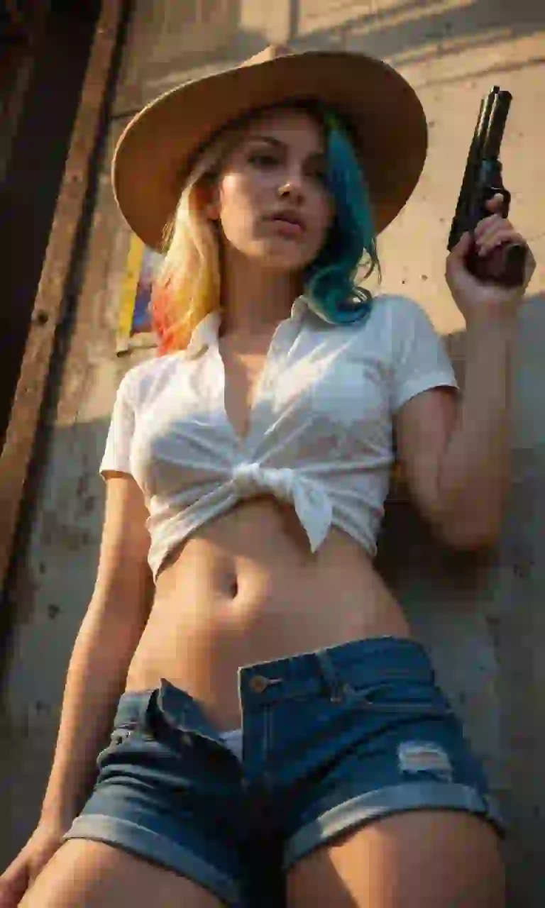 Una sexy donna con capelli colorati in costume da cowgirl sexy in posa con una pistola in mano. Modello per Undress AI.