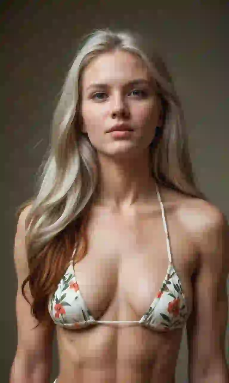 Donna con capelli platino in bikini bianco floreale. Modello per Undress AI.