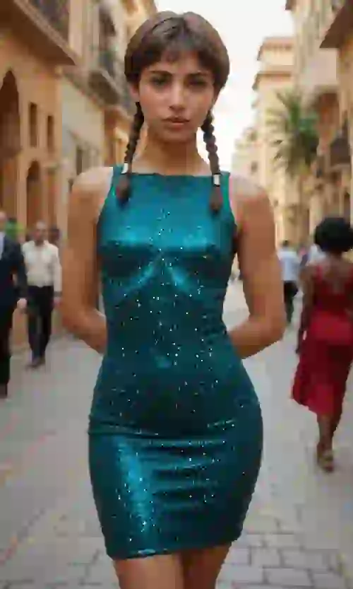 Donna con trecce in abito verde luccicante in posa su una strada in stile europeo. Modello per Undress AI.