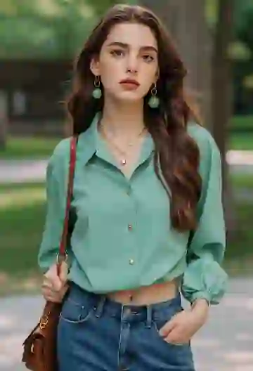 A chestnut-haired woman in green shirt and jeans, with a pair of green pearl earrings and brown leather bag, posing in the street.