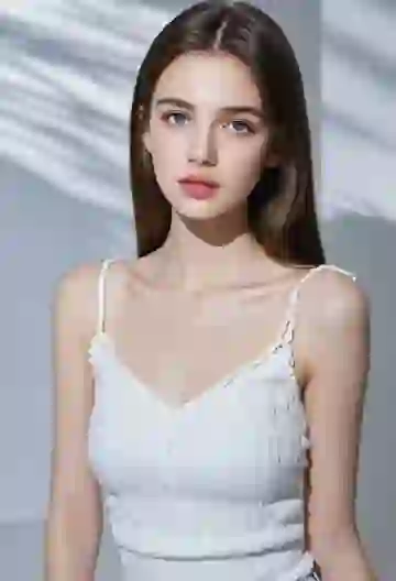Portrait of a woman with straight dark hair wearing a white tank top, posing in a white studio with soft light and shadow in the background.