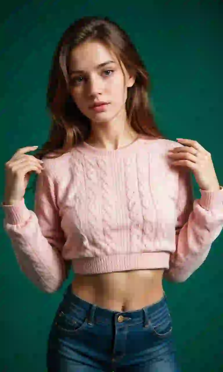 Donna in maglione rosa e jeans in posa con sfondo verde scuro. Modello per Undress AI.