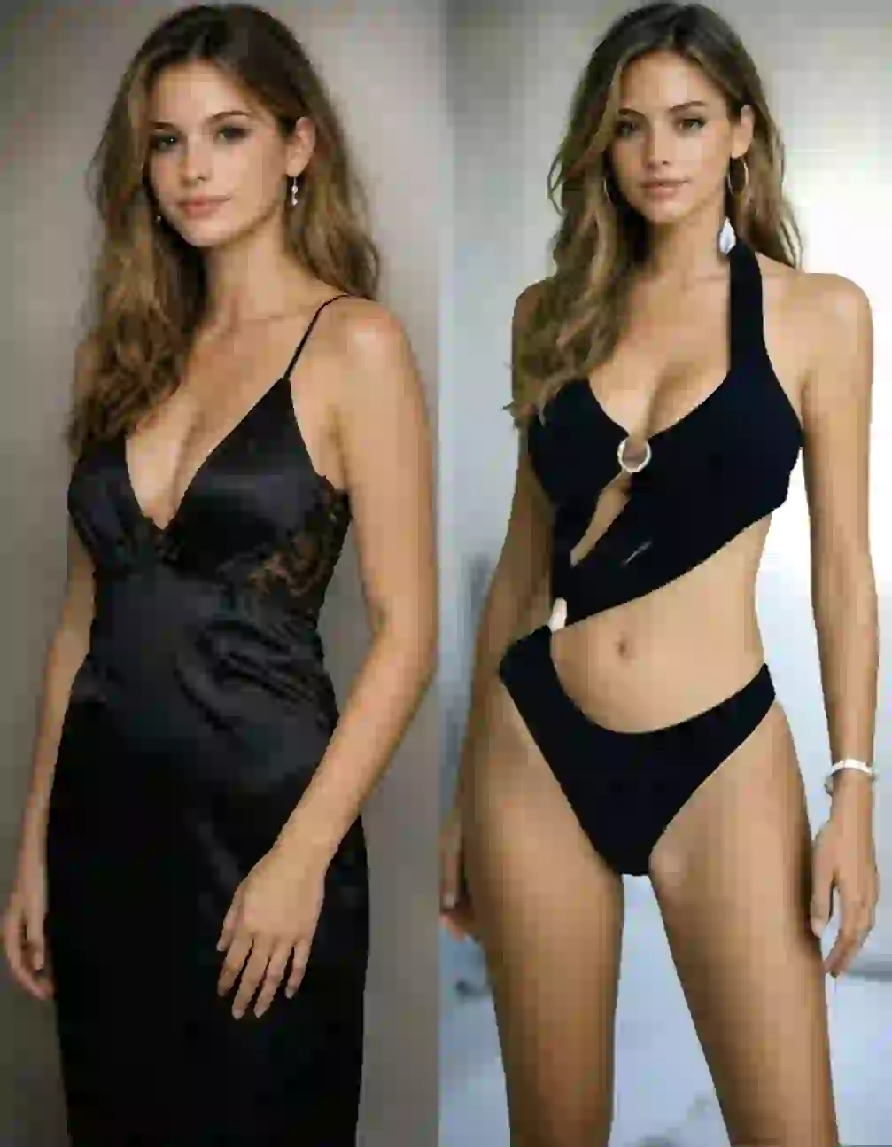 Vorher-Nachher-Outfit-Tausch: Frau mit braunem, gewelltem Haar – links: schwarzes ärmelloses Kleid mit V-Ausschnitt; rechts: freizügige schwarze Dessous mit Metallring-BH-Detail.